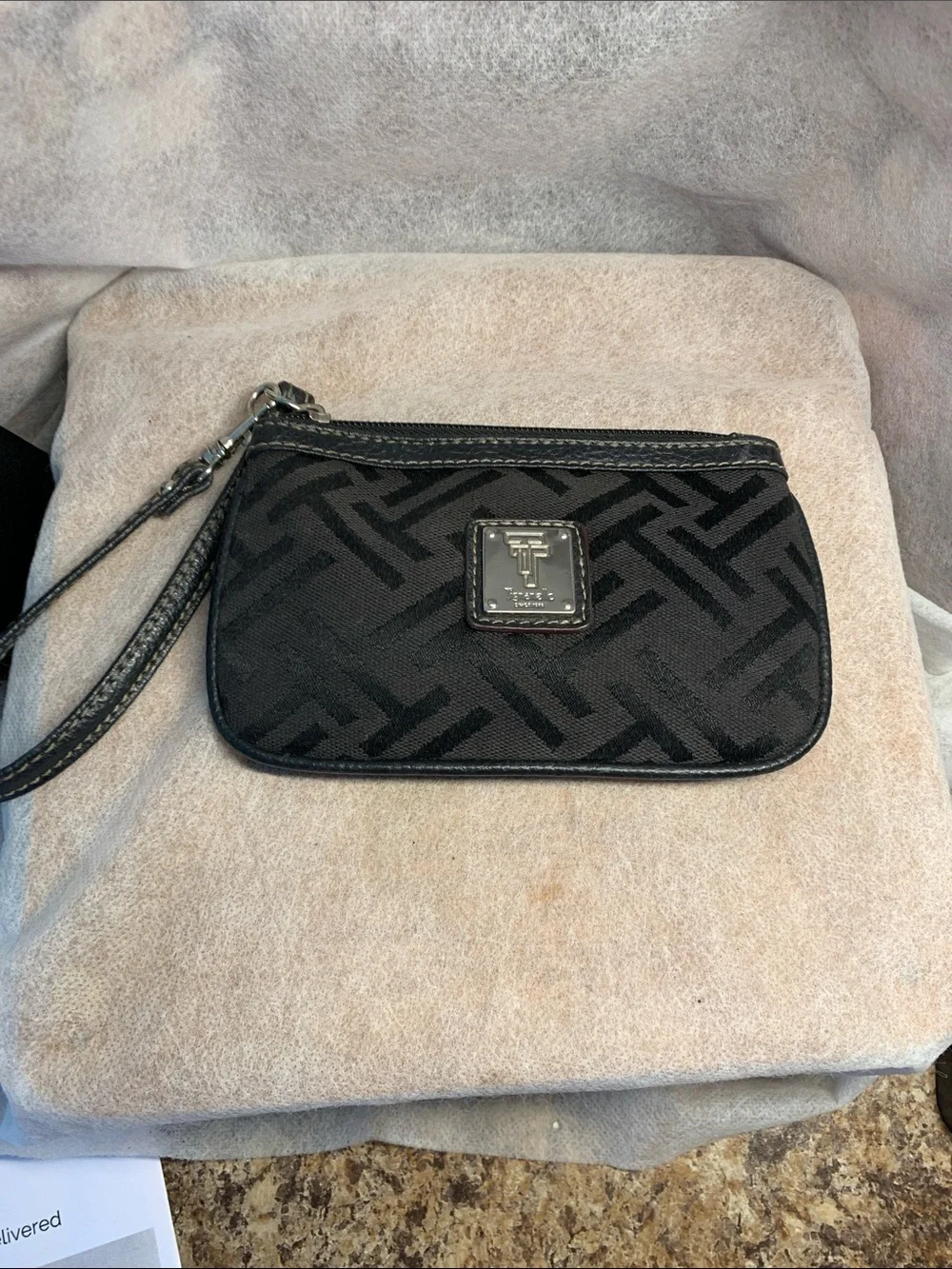 Tignanello Black Monogram Jacquard  Patterned Wristlet/ Clutch With Leather Trim